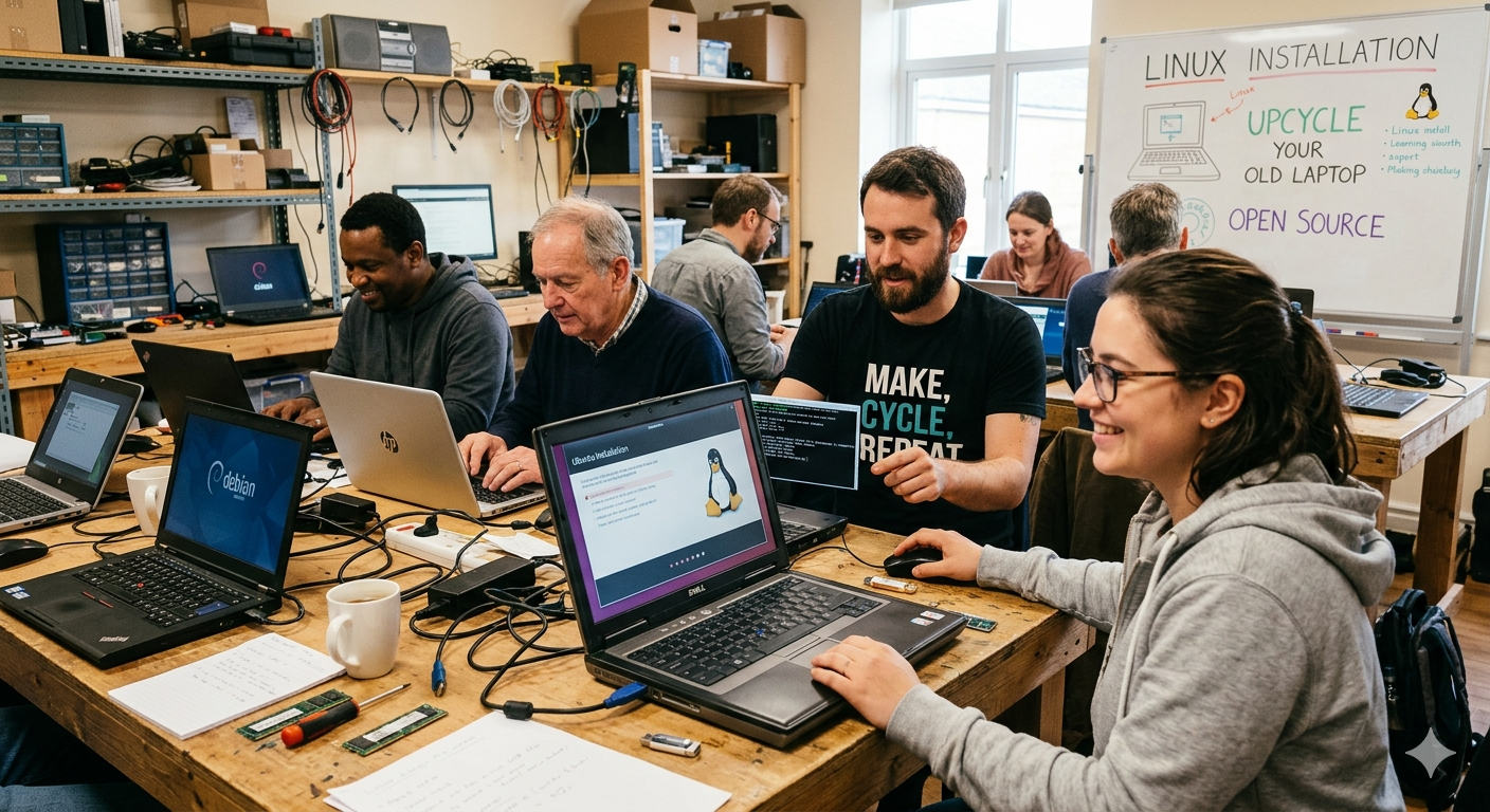 Gruppe von Leuten mit Laptos mit Linux